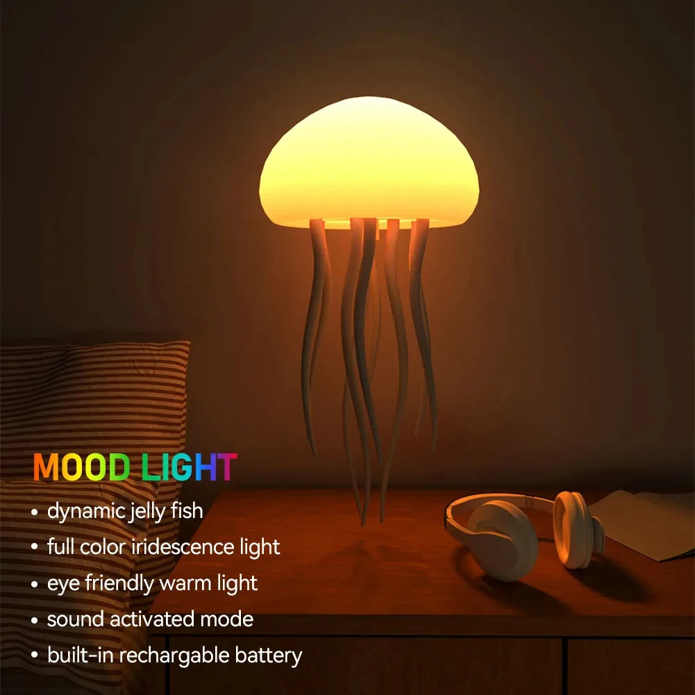 Jellyfish Cartoon LED Nihgt Light Voice Control Gradient Cute Rotating Jellyfish Hanging Bedside Lamp RGB Table Lamps Room Decor