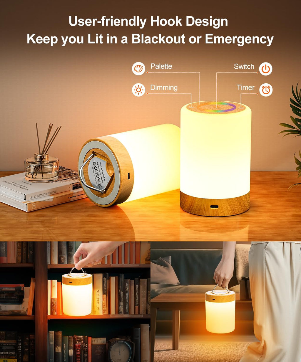 Nursery Night Light for Baby, Touch Dimmable Bedside Lamp with RGB Color Changing Mode, Rechargeable Table Lamps with Hook & Timer, 5 Modes, Memory Function, LED Night Lights for Kids, Bedroom