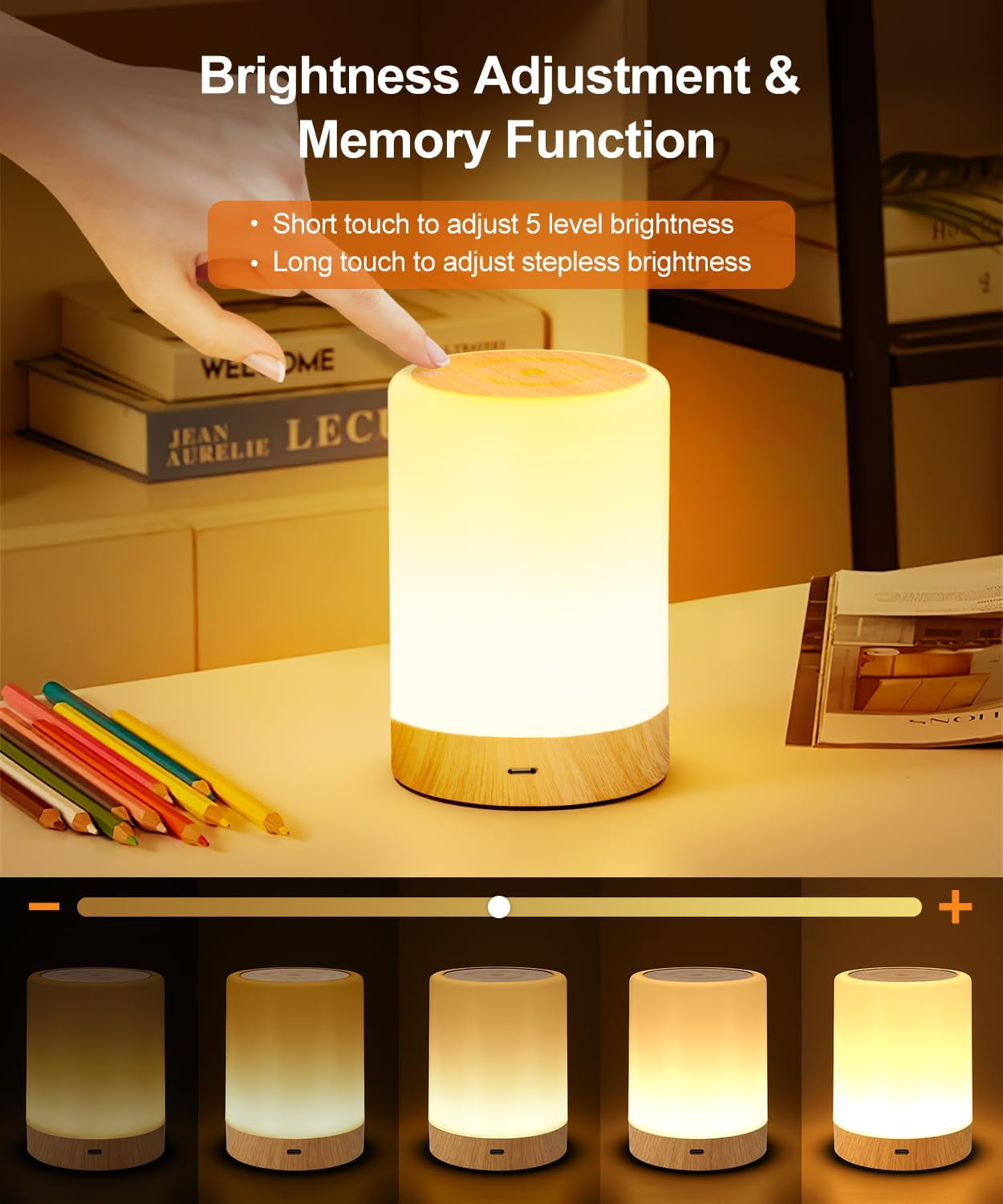 Nursery Night Light for Baby, Touch Dimmable Bedside Lamp with RGB Color Changing Mode, Rechargeable Table Lamps with Hook & Timer, 5 Modes, Memory Function, LED Night Lights for Kids, Bedroom
